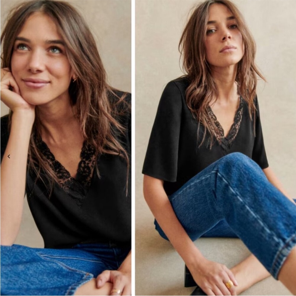 Sezane Sylla Top in Black Blouse Size 34/XS Deep V neckline with Lace Trim